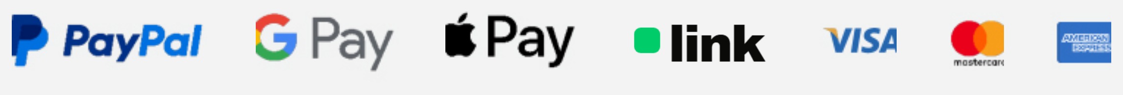 Payment methods: Visa, Mastercard, American Express, Google Pay, Apple Pay, PayPal and Link